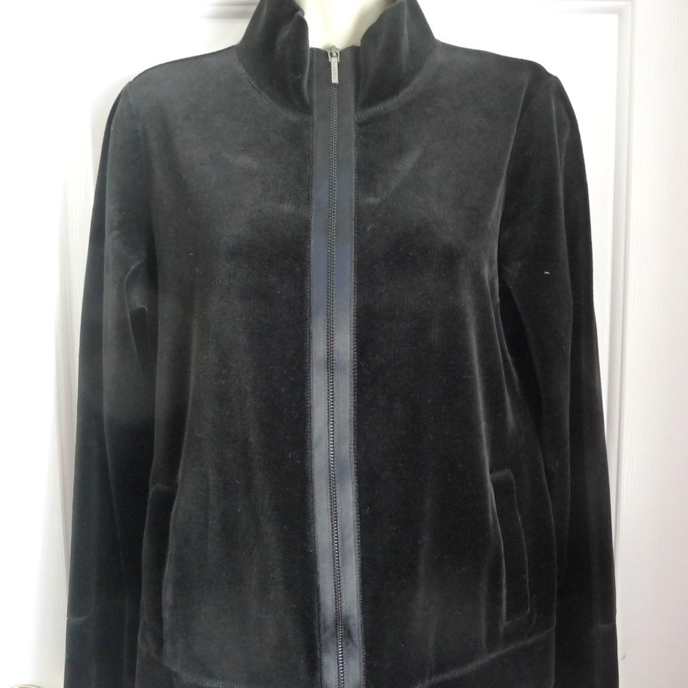 Talbots M Jacket Top Cotton Blend Black Velvet Zip Front Long Sleeves